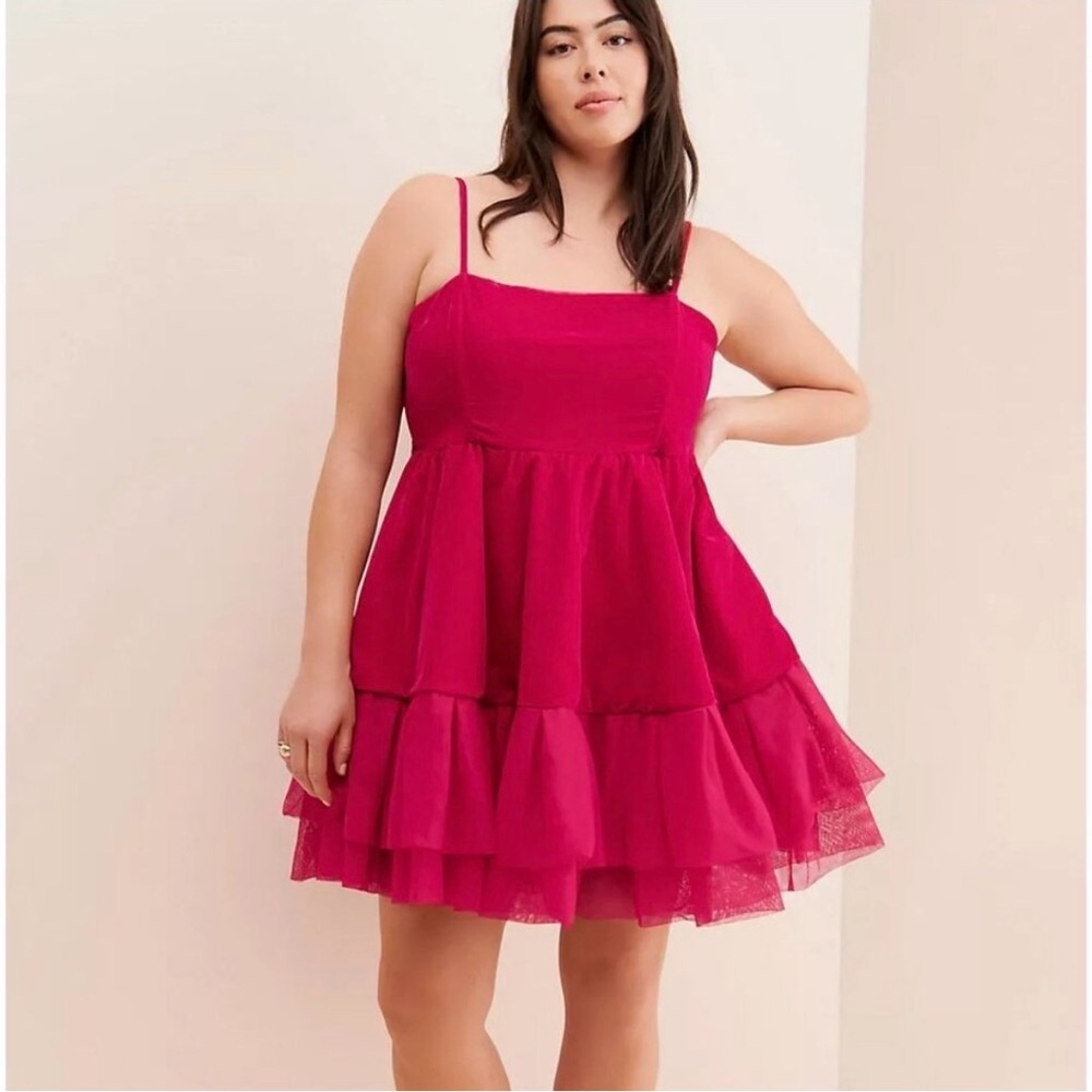 Anthropologie Let Me Be Red Velvet Tulle Babydoll Ruffle Tiered Party Dress